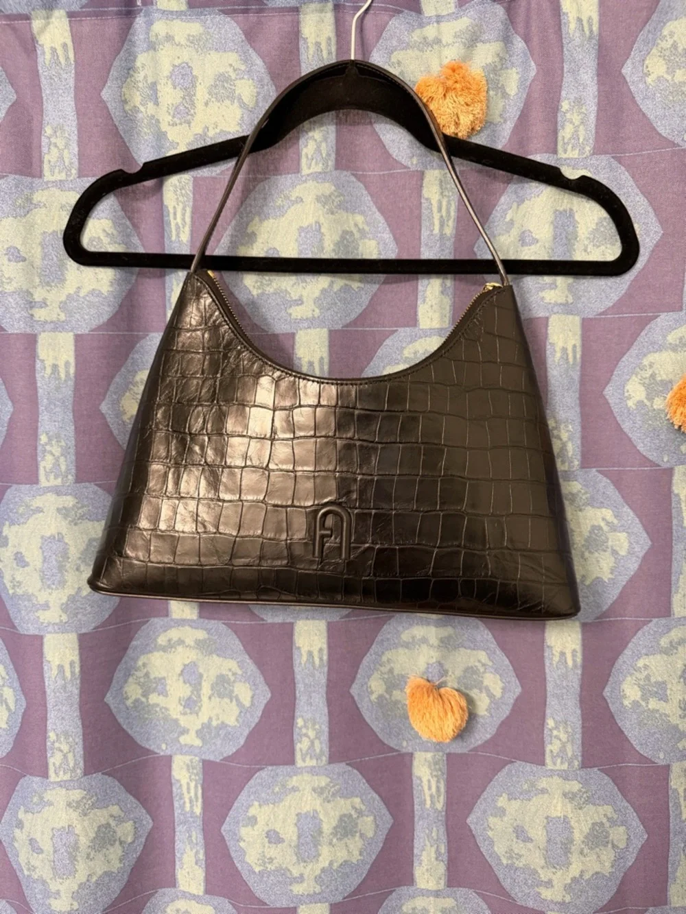 Furla Diamante Black Crocodile Embossed Shoulder Bag - Picture 2 of 10